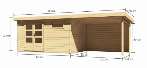 dřevěný domek KARIBU BASTRUP 8 + přístavek 300 cm včetně zadní stěny (9318) natur