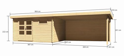 dřevěný domek KARIBU BASTRUP 8 + přístavek 400 cm včetně zadní stěny (9319) natur