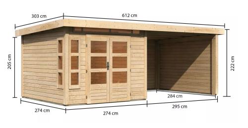 dřevěný domek KARIBU KASTORF 6 + přístavek 320 cm včetně zadní a boční stěny (31548) natur