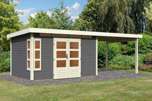 dřevěný domek KARIBU KASTORF 7 + přístavek 320 cm (31557) terragrau
