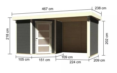 dřevěný domek KARIBU SCHWANDORF 3 + přístavek včetně zadní a boční stěny 240 cm (77741) terragrau