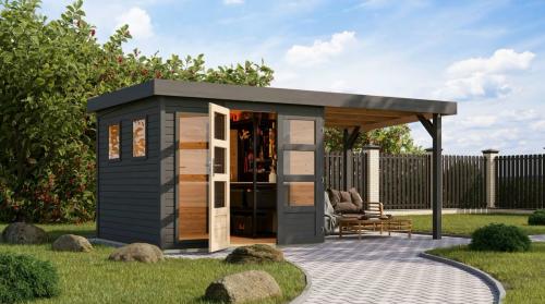 dřevěný domek KARIBU LAHAR 3,5 + přístavek 240 cm (12486) terragrau