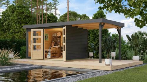 dřevěný domek KARIBU LAHAR 5 + přístavek 240 cm (12487) terragrau